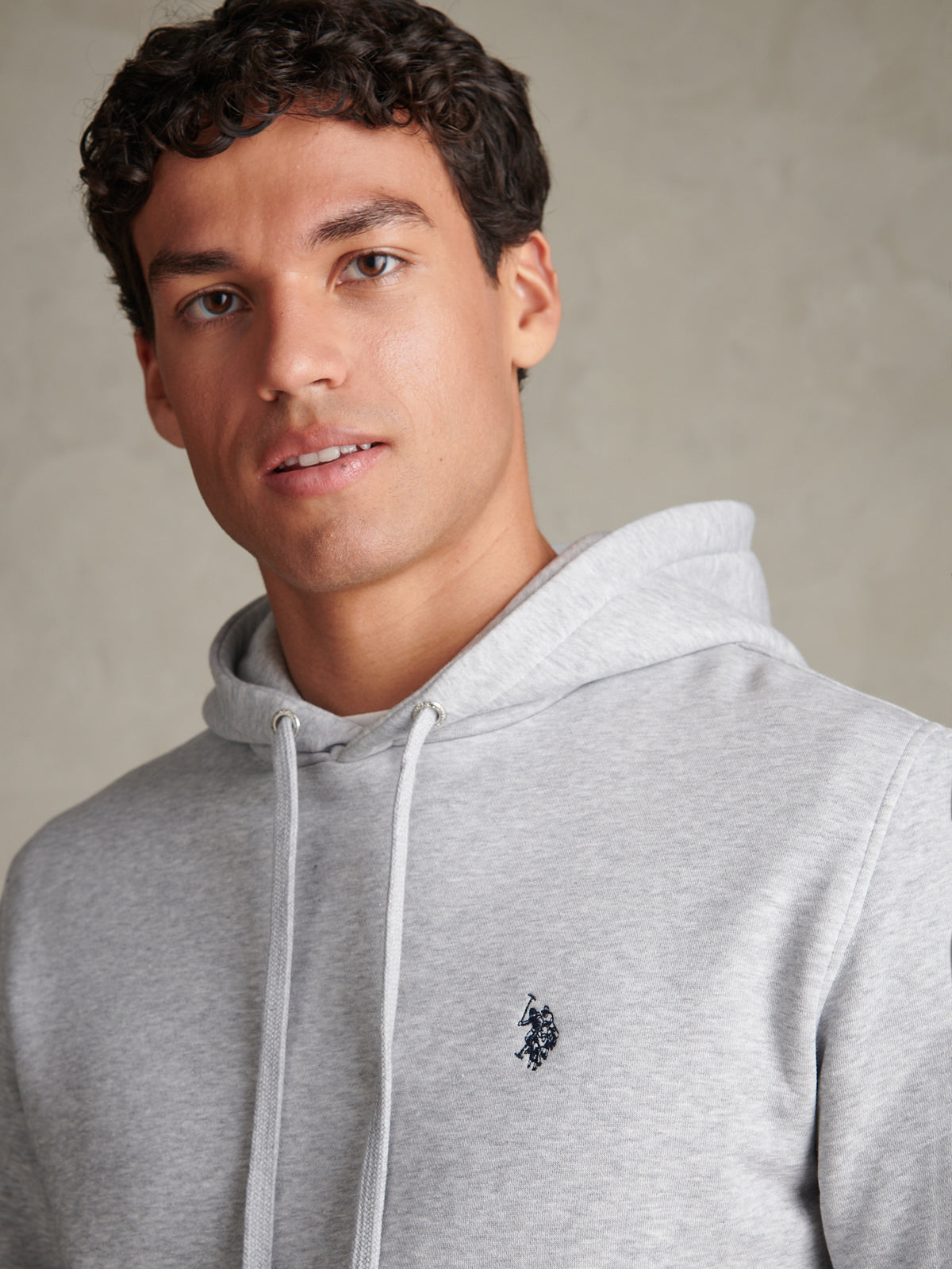 Mens Double Horsemen Embroidered Hoodie Mid Grey Marl
