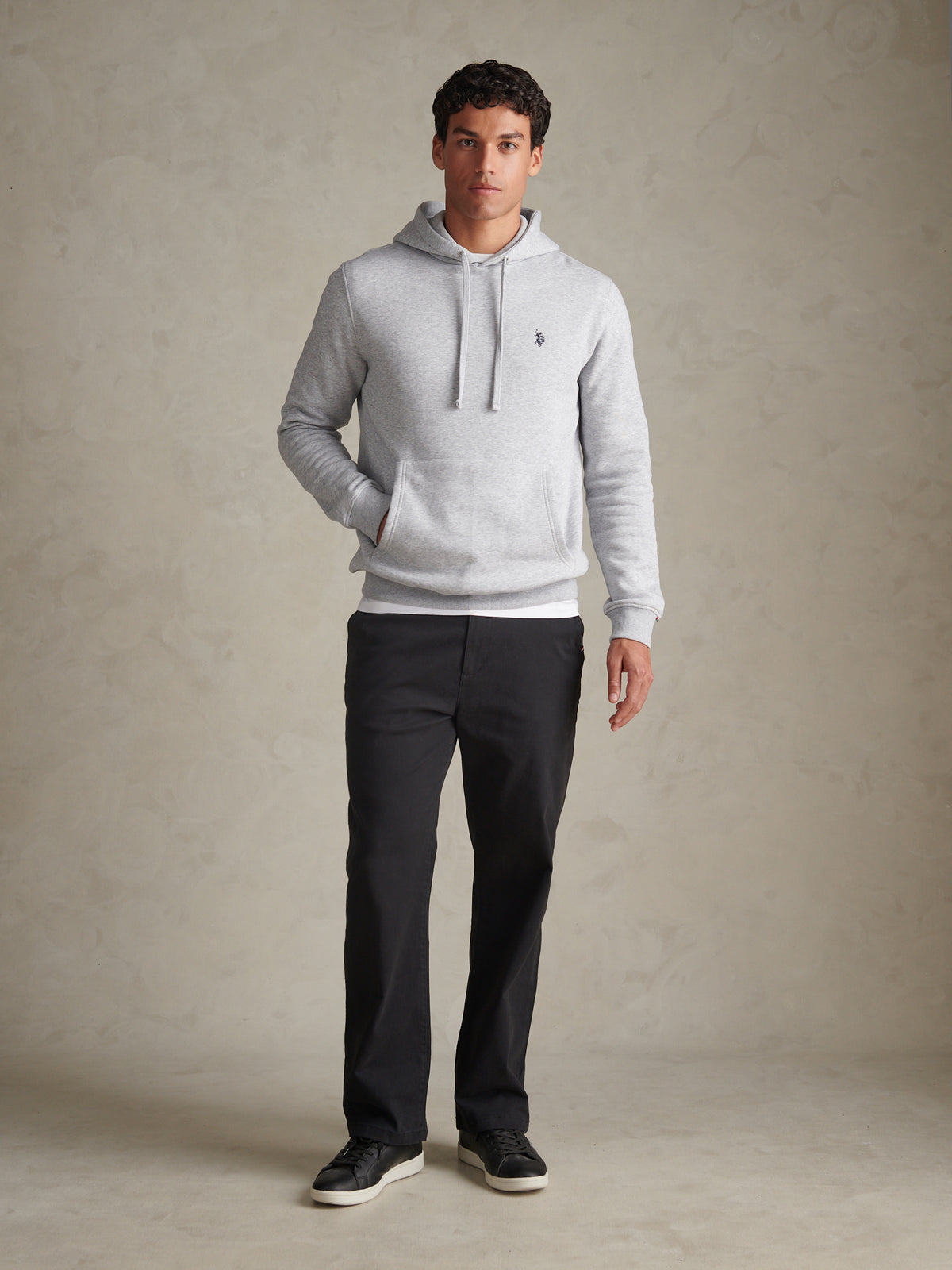 Mens Double Horsemen Embroidered Hoodie Mid Grey Marl
