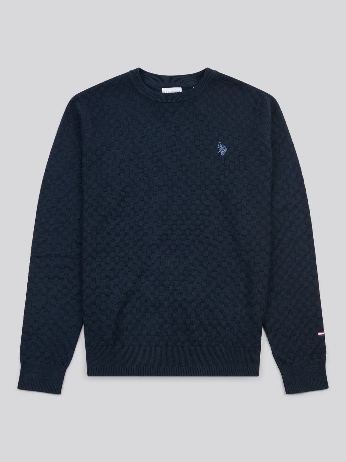 Mens Textured Checkerboard Crew Neck Knit Dark Sapphire Navy / Moonlight Blue DHM