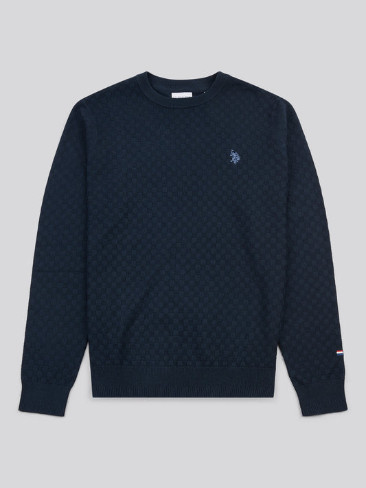 Mens Textured Checkerboard Crew Neck Knit Dark Sapphire Navy / Moonlight Blue DHM