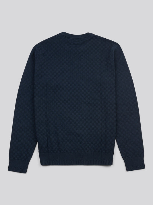 Mens Textured Checkerboard Crew Neck Knit Dark Sapphire Navy / Moonlight Blue DHM