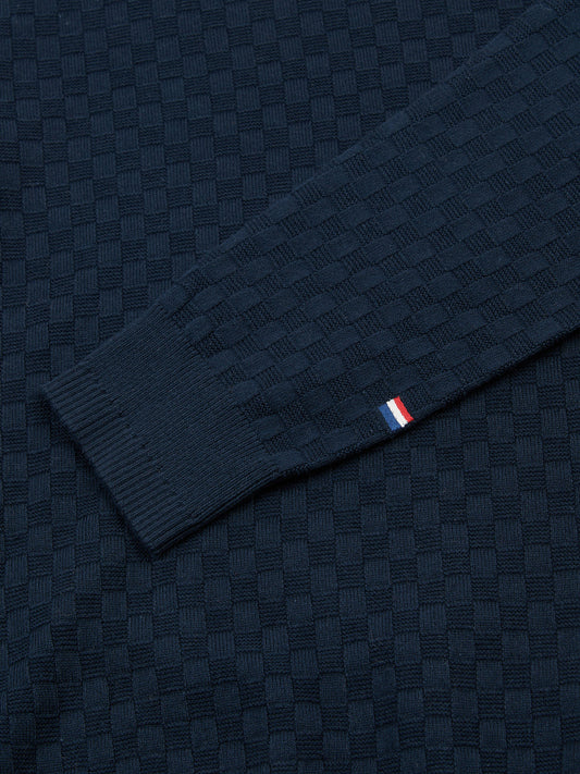 Mens Textured Checkerboard Crew Neck Knit Dark Sapphire Navy / Moonlight Blue DHM
