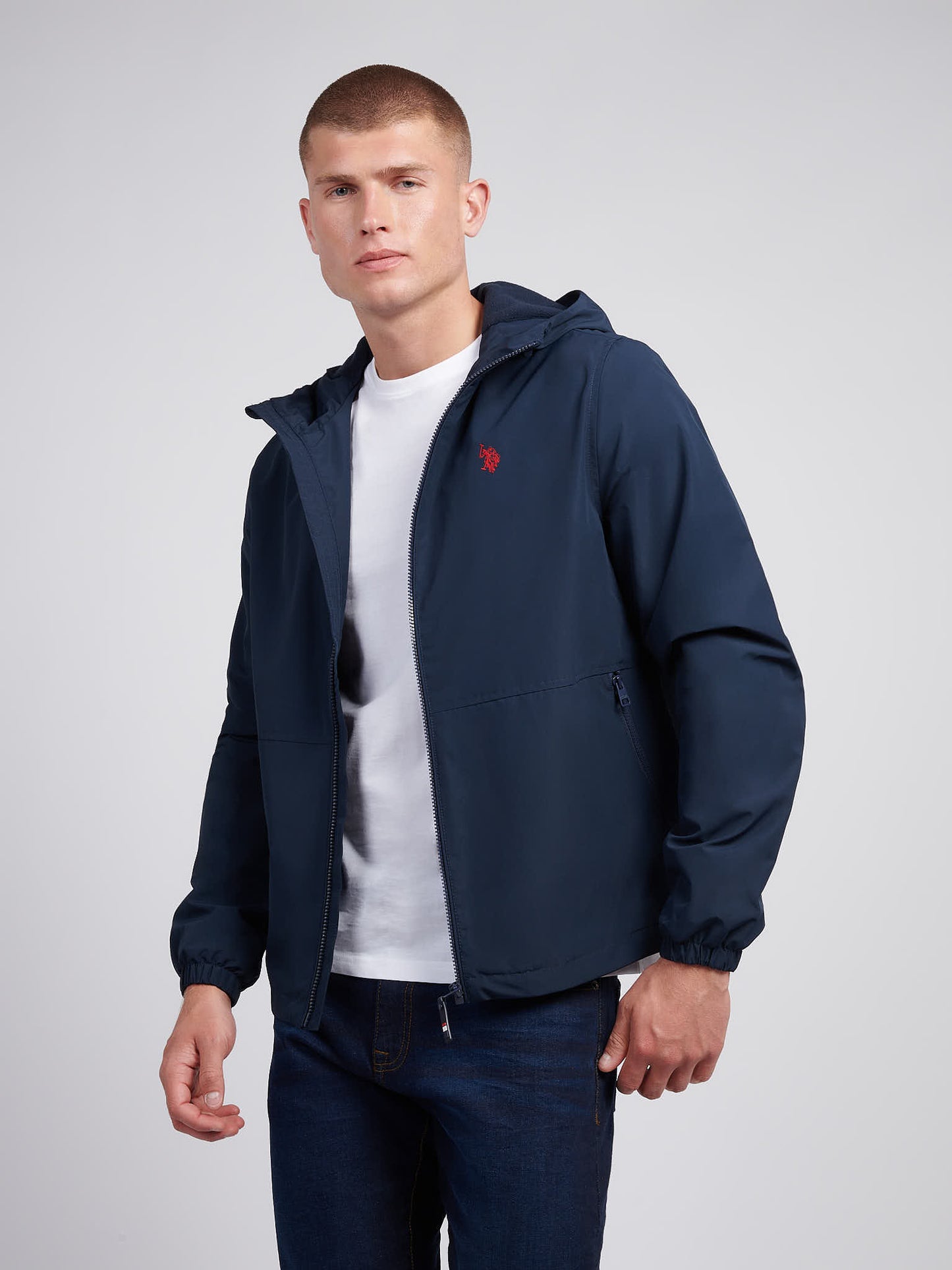 Windbreaker z podszewką męskiej w ciemnym szafirowym granatowym/haute czerwony DHM