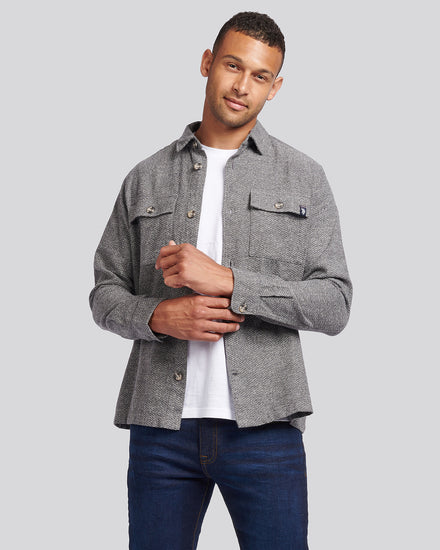 Mens Textured Herringbone Overshirt Mid Grey Marl