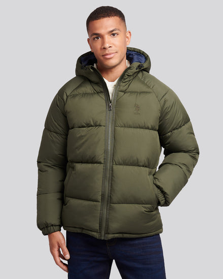 Męskie ripstop z kapturem puffer kurtka w leśnej nocy