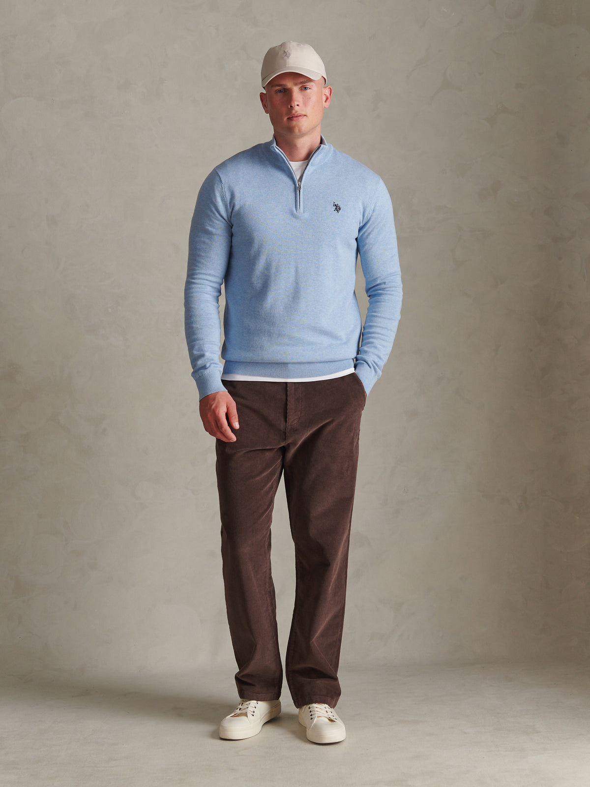 Mens Cotton Quarter Zip Funnel Jumper Parisian Blue Marl