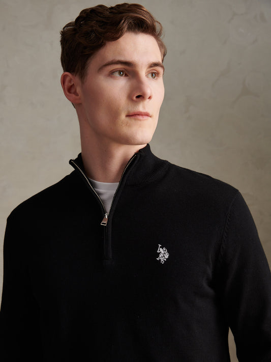 Mens Cotton Quarter Zip Funnel Jumper Black Bright White DHM