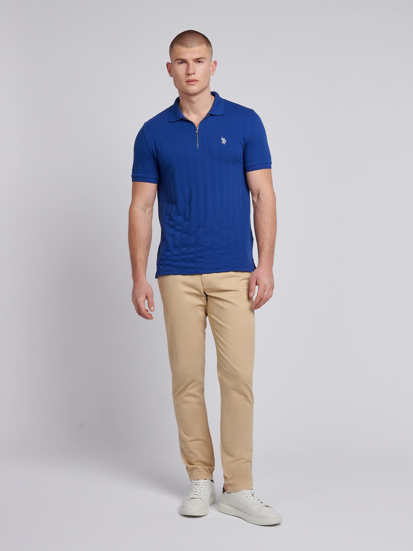 Mens Stripe Textured Zip Polo Shirt in Sodalite Blue