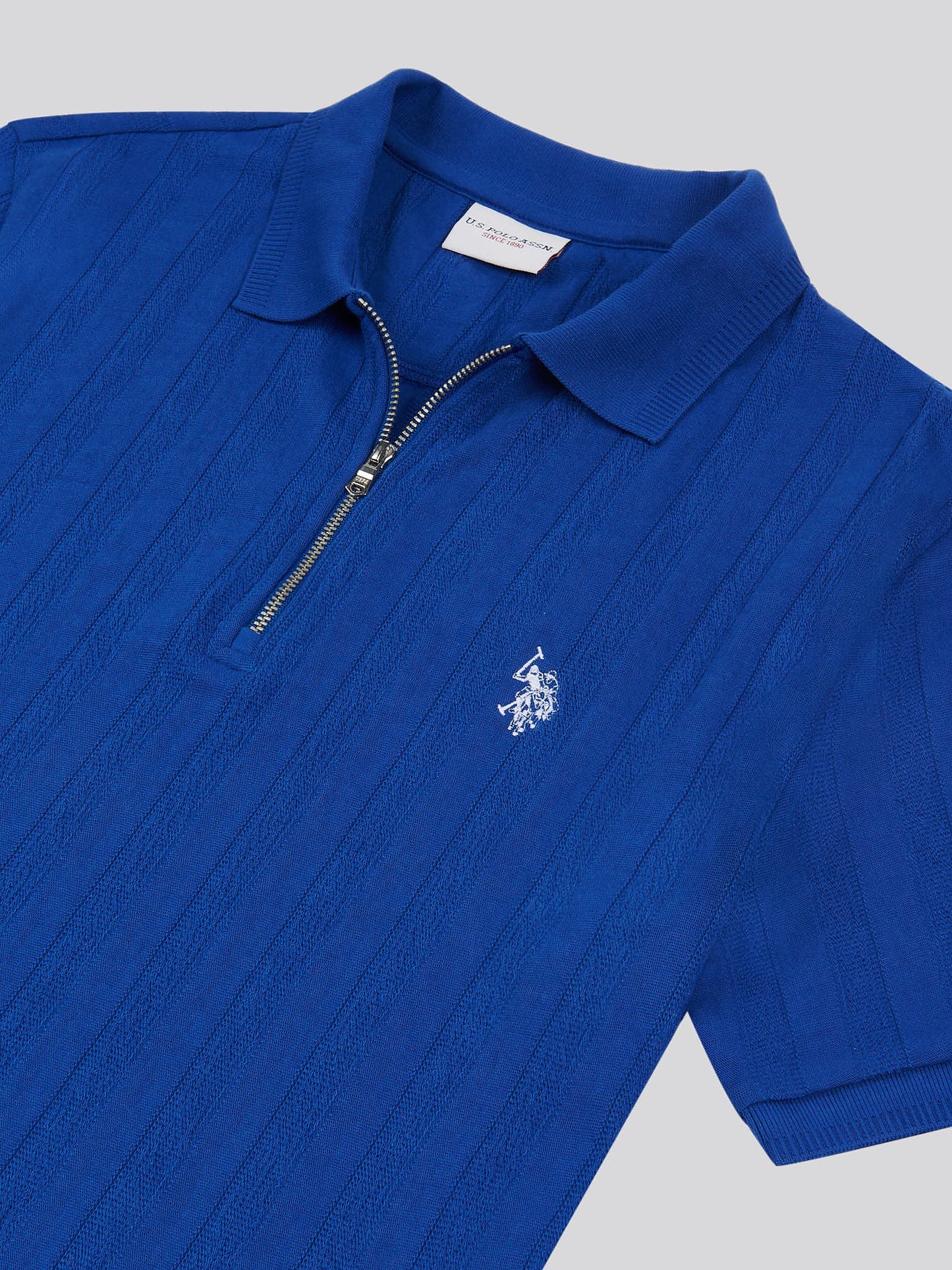 Mens Stripe Textured Zip Polo Shirt in Sodalite Blue