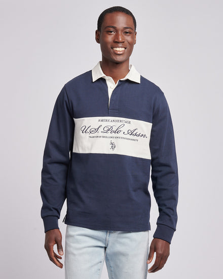 Mens Premium Embroidery Graphic Rugby Shirt in Dark Sapphire Navy