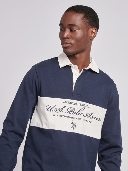 Mens Premium Embroidery Graphic Rugby Shirt in Dark Sapphire Navy