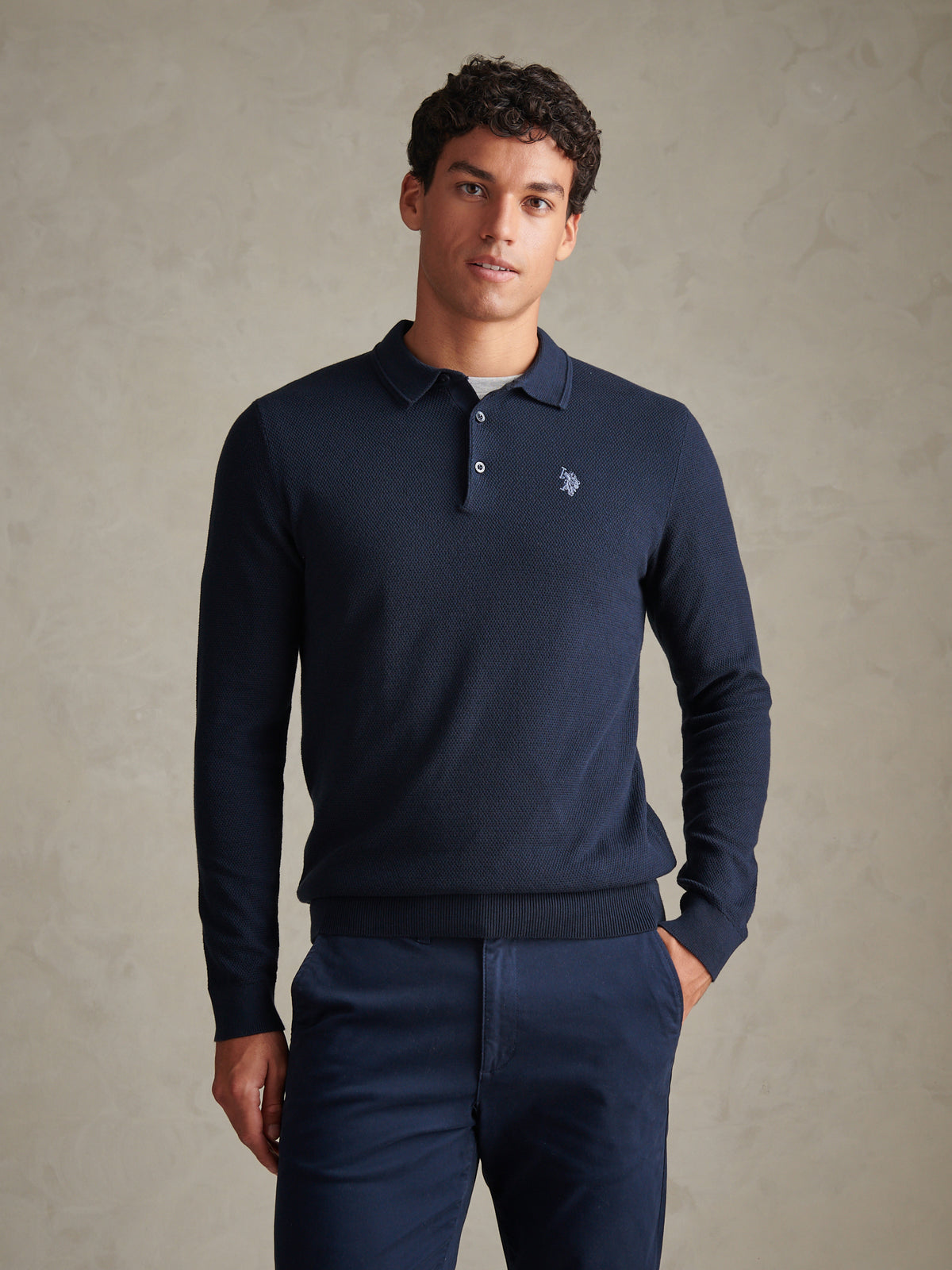 Mens Moss Stitch Long Sleeve Knit Polo Shirt Dark Sapphire Navy / Moonlight Blue DHM