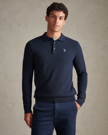 Mens Moss Stitch Long Sleeve Knit Polo Shirt Dark Sapphire Navy / Moonlight Blue DHM