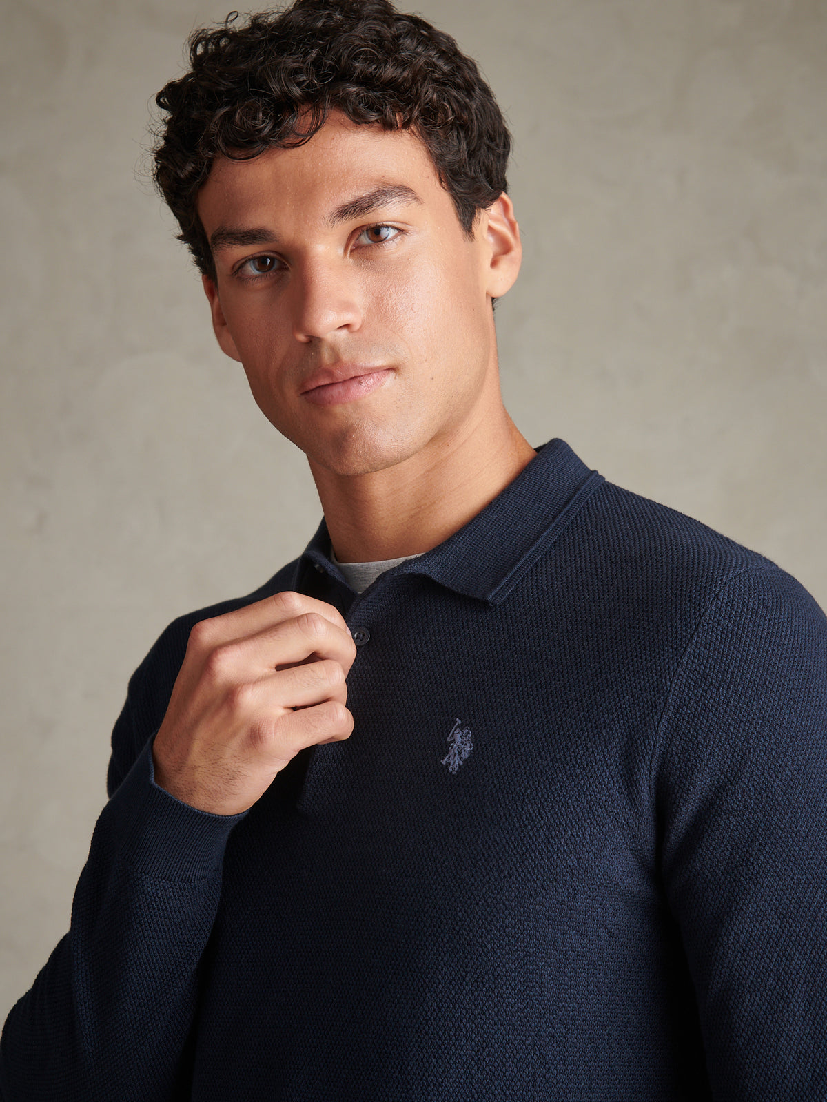 Mens Moss Stitch Long Sleeve Knit Polo Shirt Dark Sapphire Navy / Moonlight Blue DHM