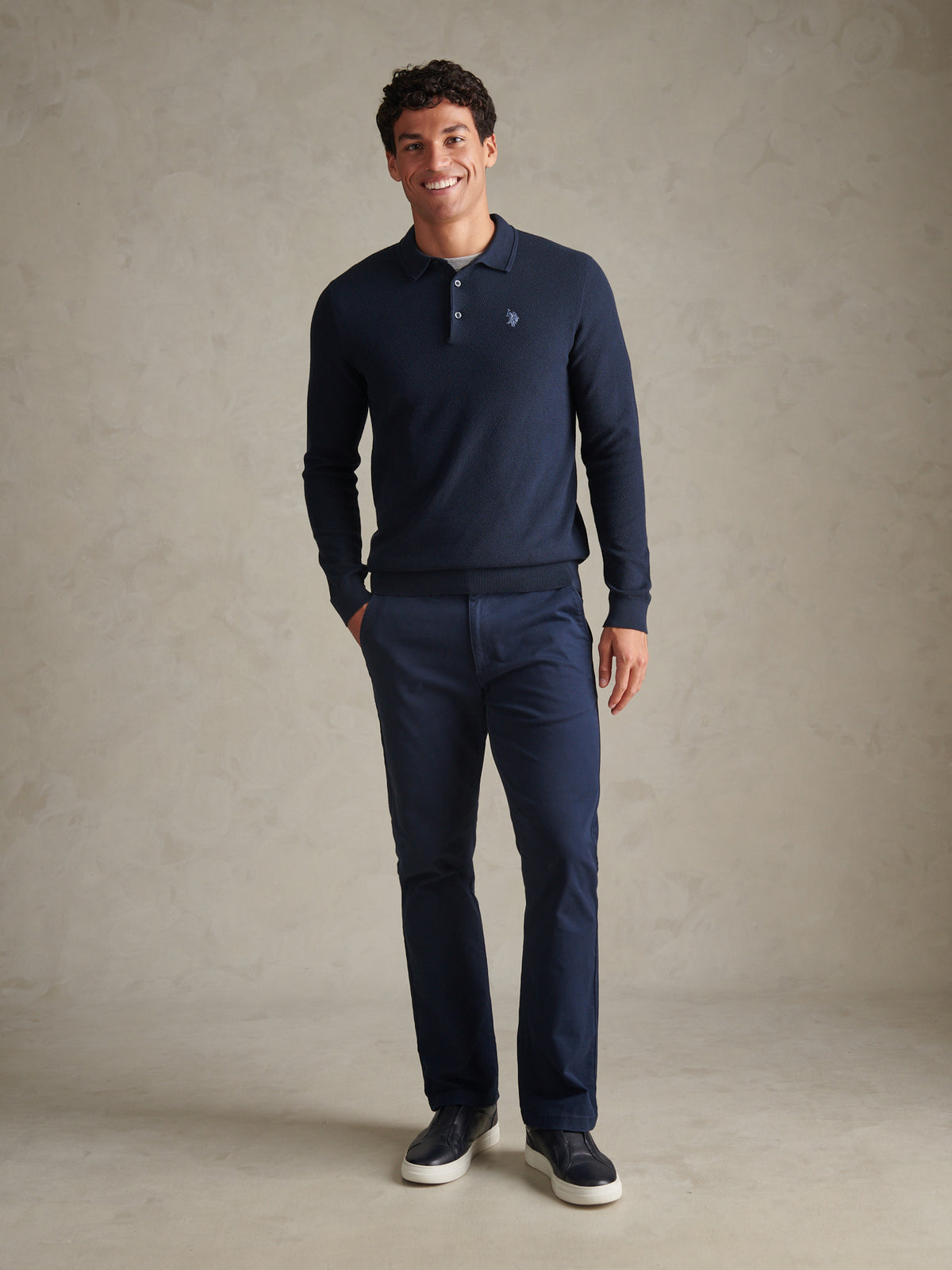 Mens Moss Stitch Long Sleeve Knit Polo Shirt Dark Sapphire Navy / Moonlight Blue DHM