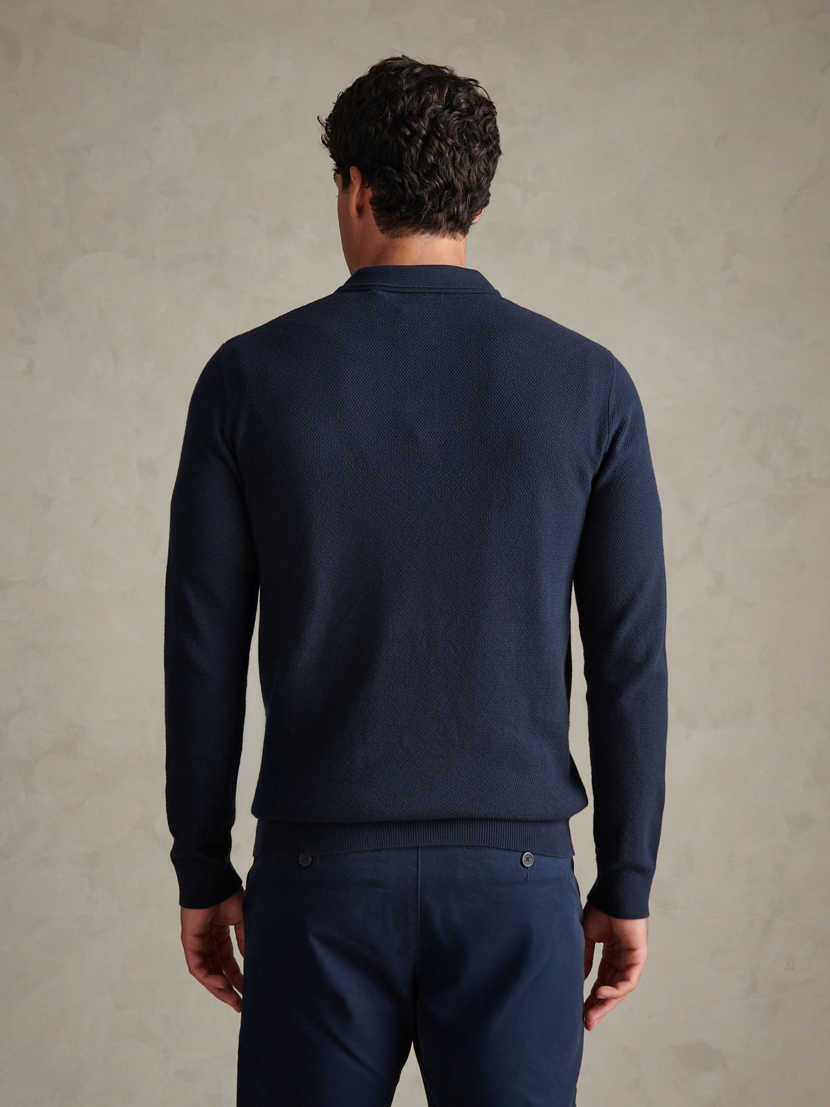 Mens Moss Stitch Long Sleeve Knit Polo Shirt Dark Sapphire Navy / Moonlight Blue DHM
