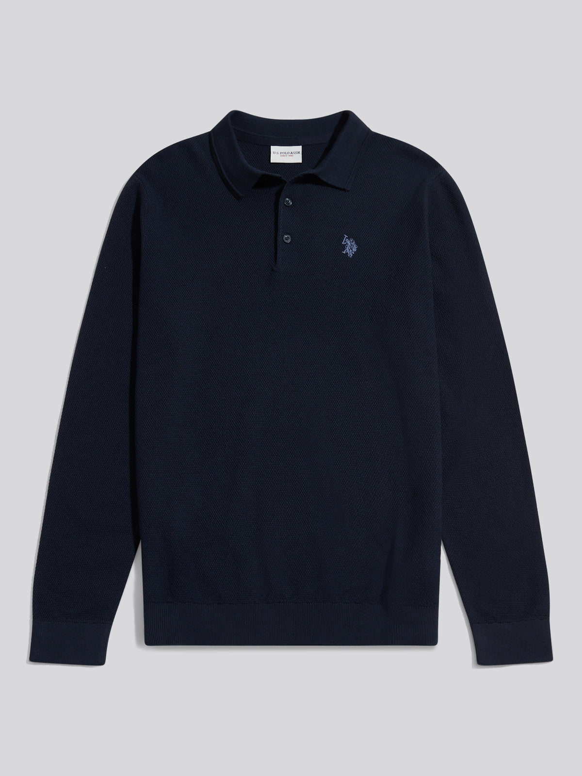 Mens Moss Stitch Long Sleeve Knit Polo Shirt Dark Sapphire Navy / Moonlight Blue DHM