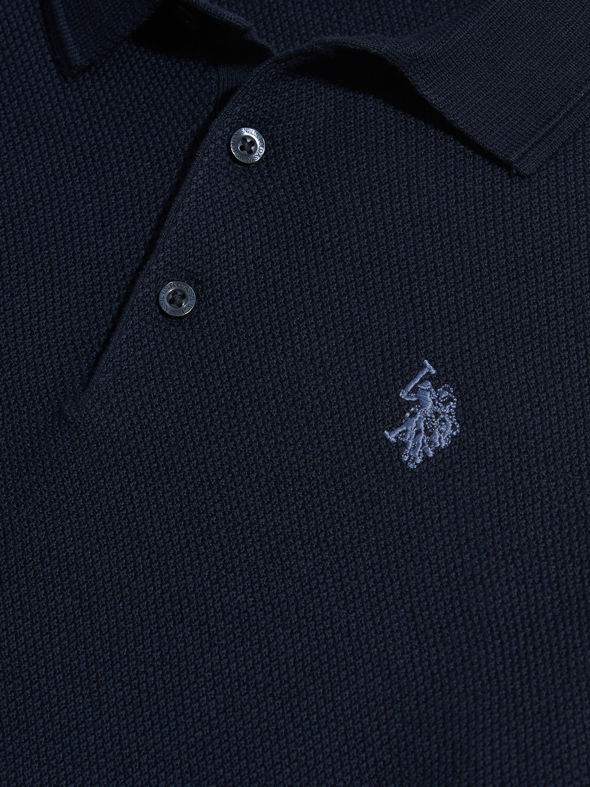 Mens Moss Stitch Long Sleeve Knit Polo Shirt Dark Sapphire Navy / Moonlight Blue DHM