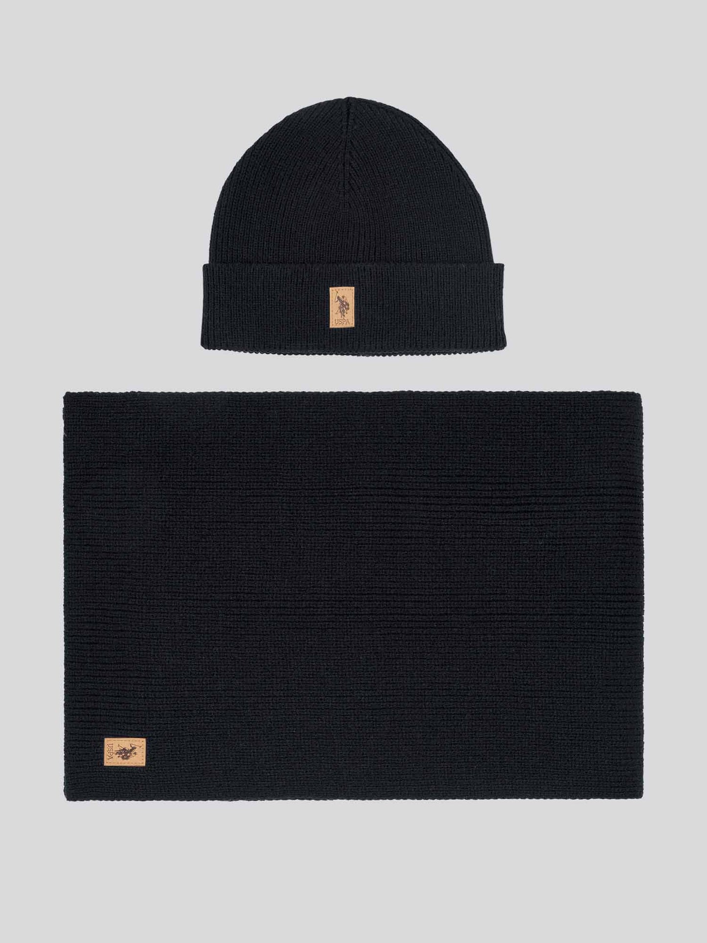 Mens Luxury Rib Knit Beanie & Scarf Set in Black