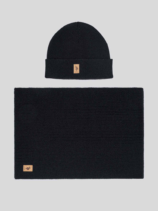 Mens Luxury Rib Knit Beanie & Scarf Set in Black