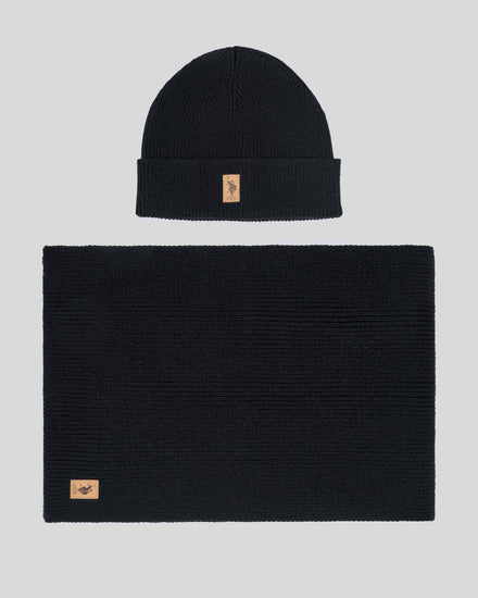 Mens Luxury Rib Knit Beanie & Scarf Set in Black