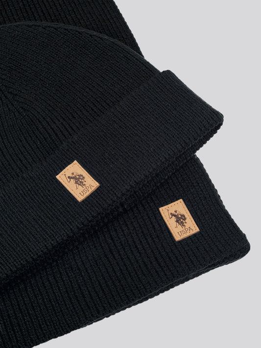 Mens Luxury Rib Knit Beanie & Scarf Set in Black