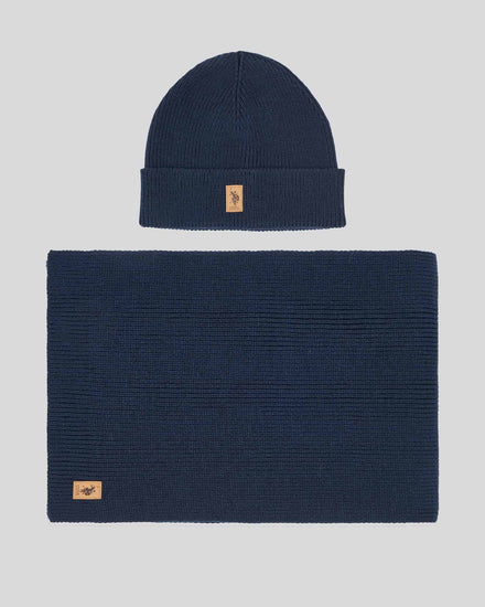Mens Luxury Rib Knit Beanie & Scarf Set in Dark Sapphire Navy