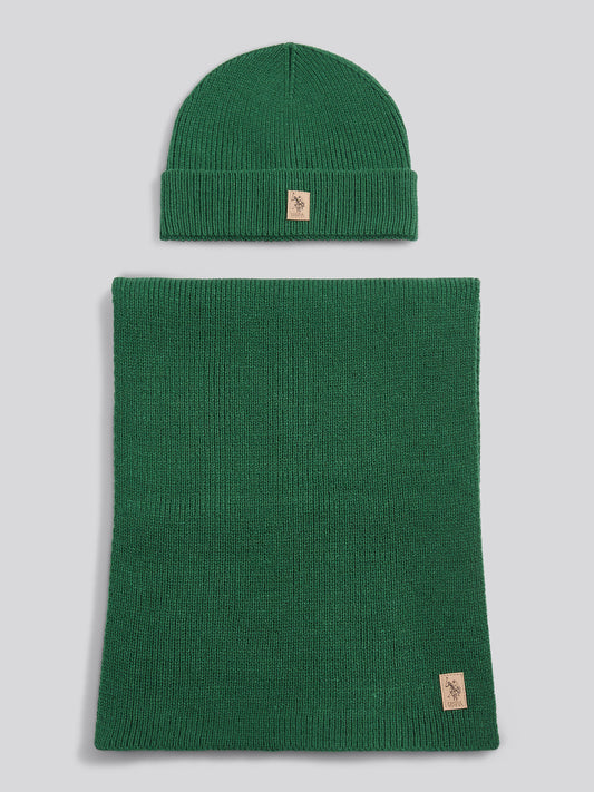 Mens Luxury Rib Knit Beanie & Scarf Set in Pineneedle