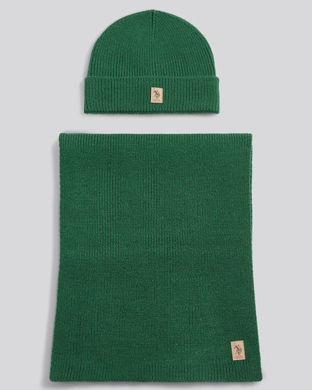 Mens Luxury Rib Knit Beanie & Scarf Set in Pineneedle