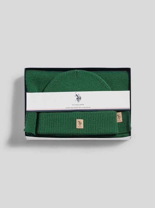 Mens Luxury Rib Knit Beanie & Scarf Set in Pineneedle