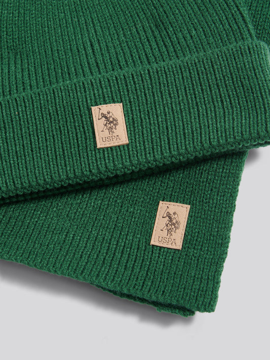 Mens Luxury Rib Knit Beanie & Scarf Set in Pineneedle