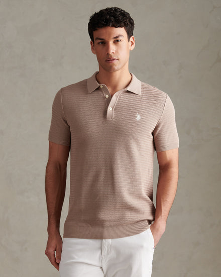Mens Herringbone Texture Knit Polo Shirt Atmosphere