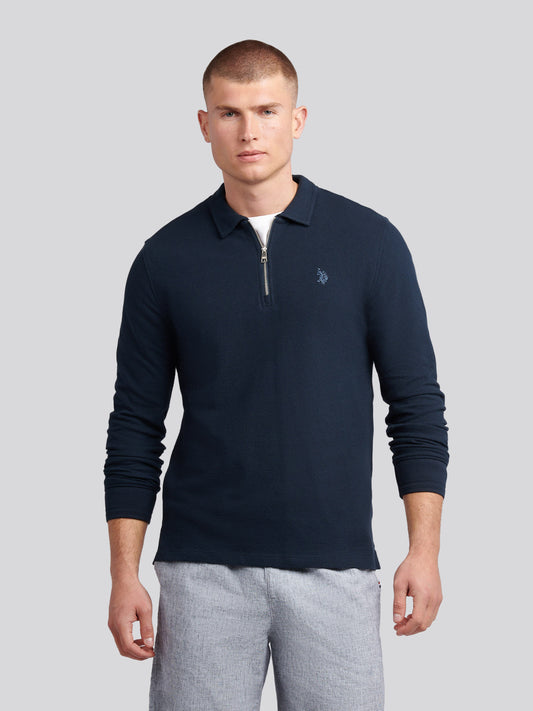 Płaski pala tekstura Zip ls Polo Dark Sapphire granatowy/księżycowy światło niebieski