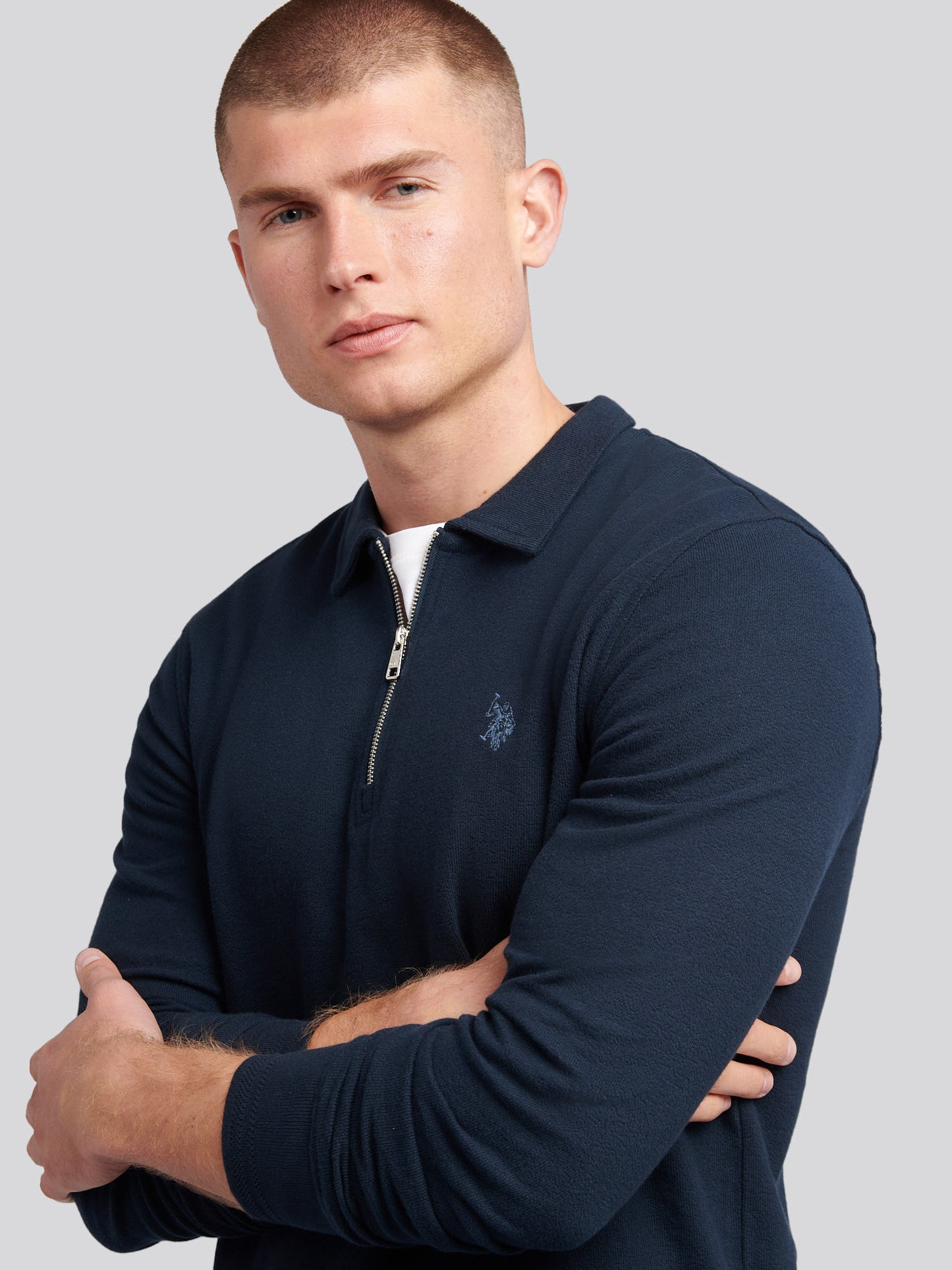 Płaski pala tekstura Zip ls Polo Dark Sapphire granatowy/księżycowy światło niebieski