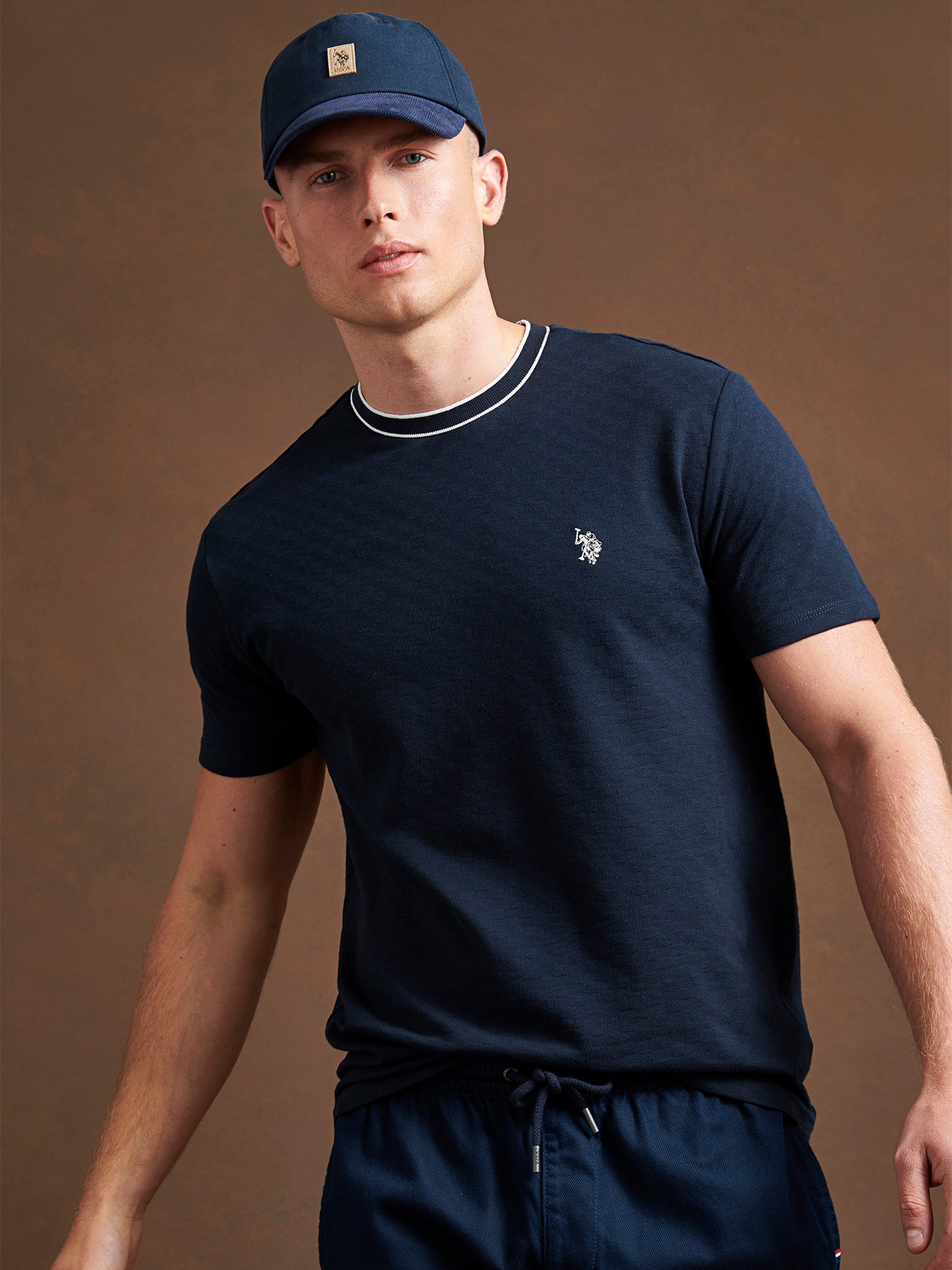 Mens Tipped Pique  T-Shirt in Dark Sapphire Navy