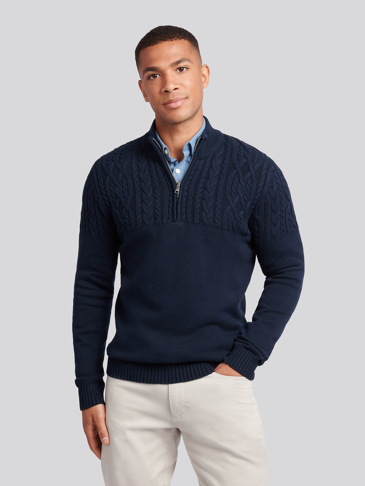 Mens Aran Mix Knit Funnel Dark Sapphire Navy
