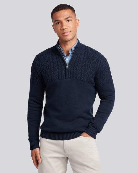 Mens Aran Mix Knit Funnel Dark Sapphire Navy
