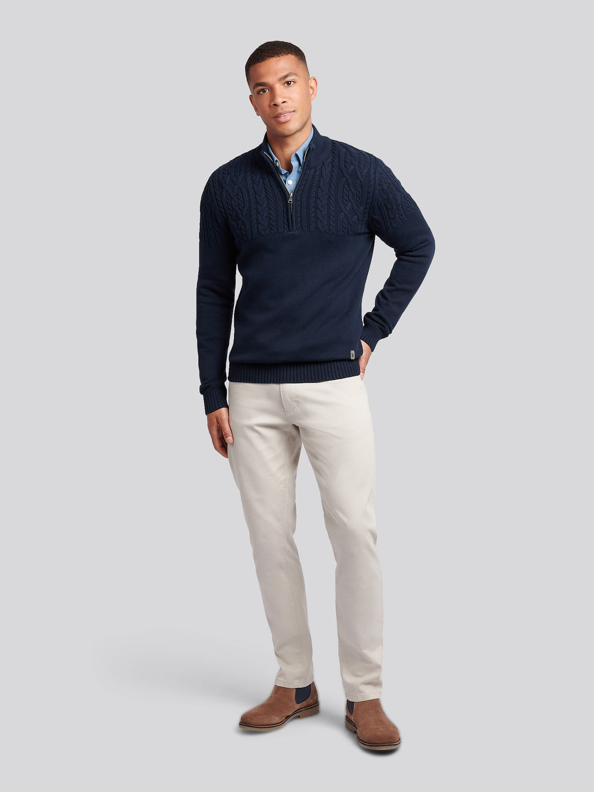 Mens Aran Mix Knit Funnel Dark Sapphire Navy