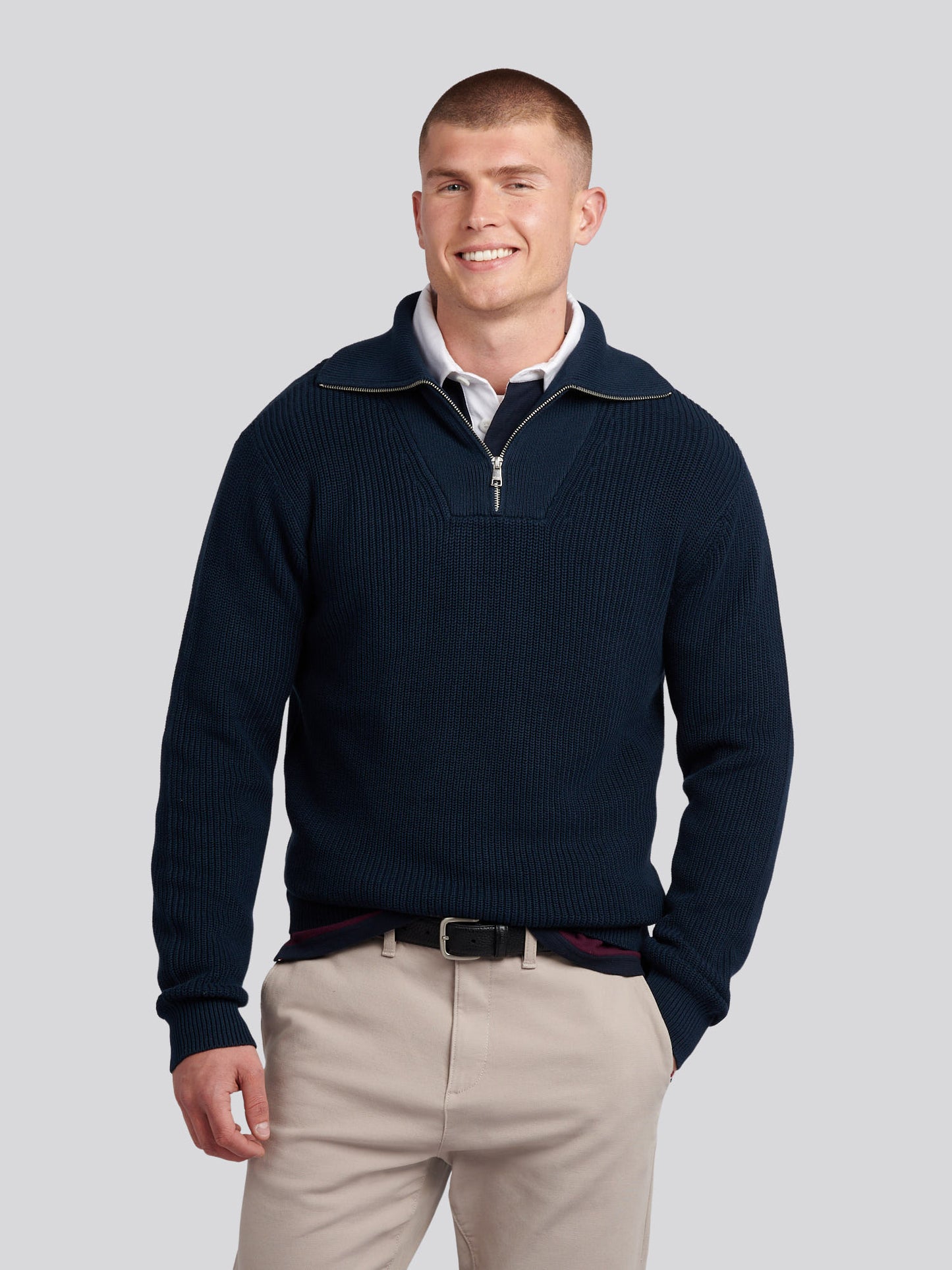 Mens Half Cardigan Stitch Knit Funnel in Dark Sapphire Navy