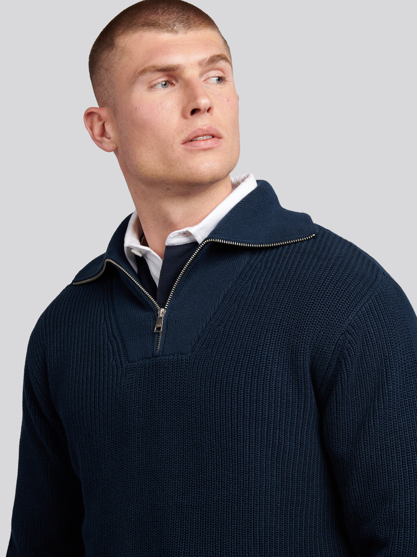 Mens Half Cardigan Stitch Knit Funnel in Dark Sapphire Navy