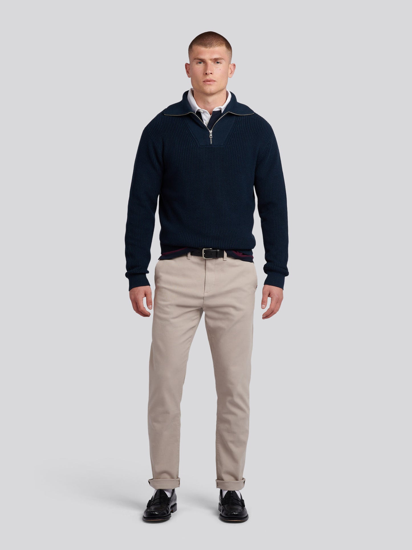 Mens Half Cardigan Stitch Knit Funnel in Dark Sapphire Navy