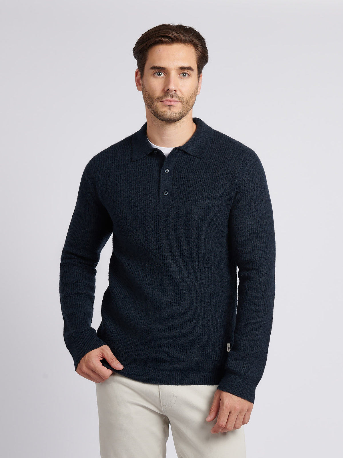 Mens Brushed Knit Long Sleeve Polo Shirt Dark Sapphire Navy