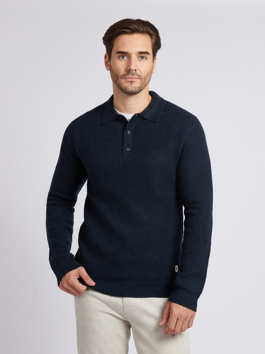Mens Brushed Knit Long Sleeve Polo Shirt Dark Sapphire Navy