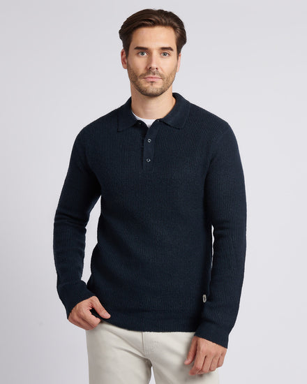 Mens Brushed Knit Long Sleeve Polo Shirt Dark Sapphire Navy