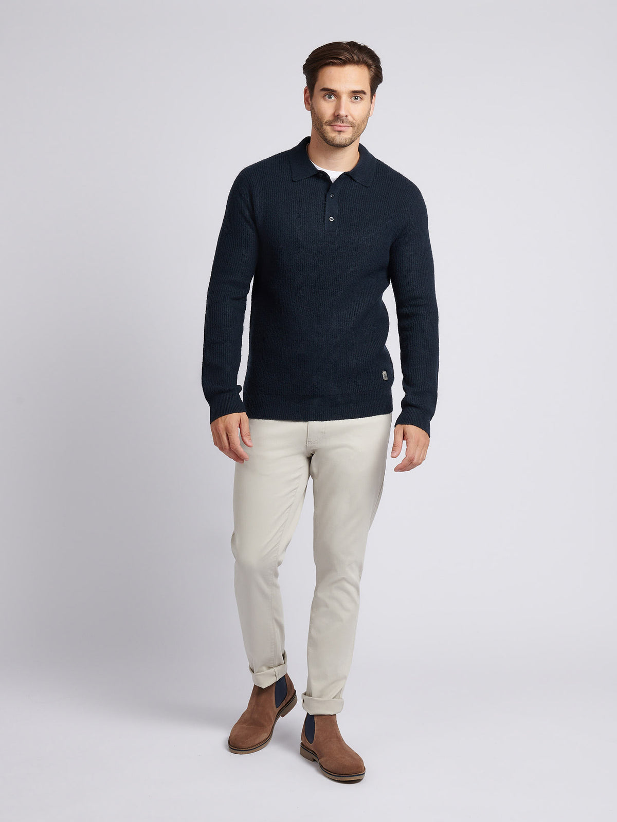 Mens Brushed Knit Long Sleeve Polo Shirt Dark Sapphire Navy