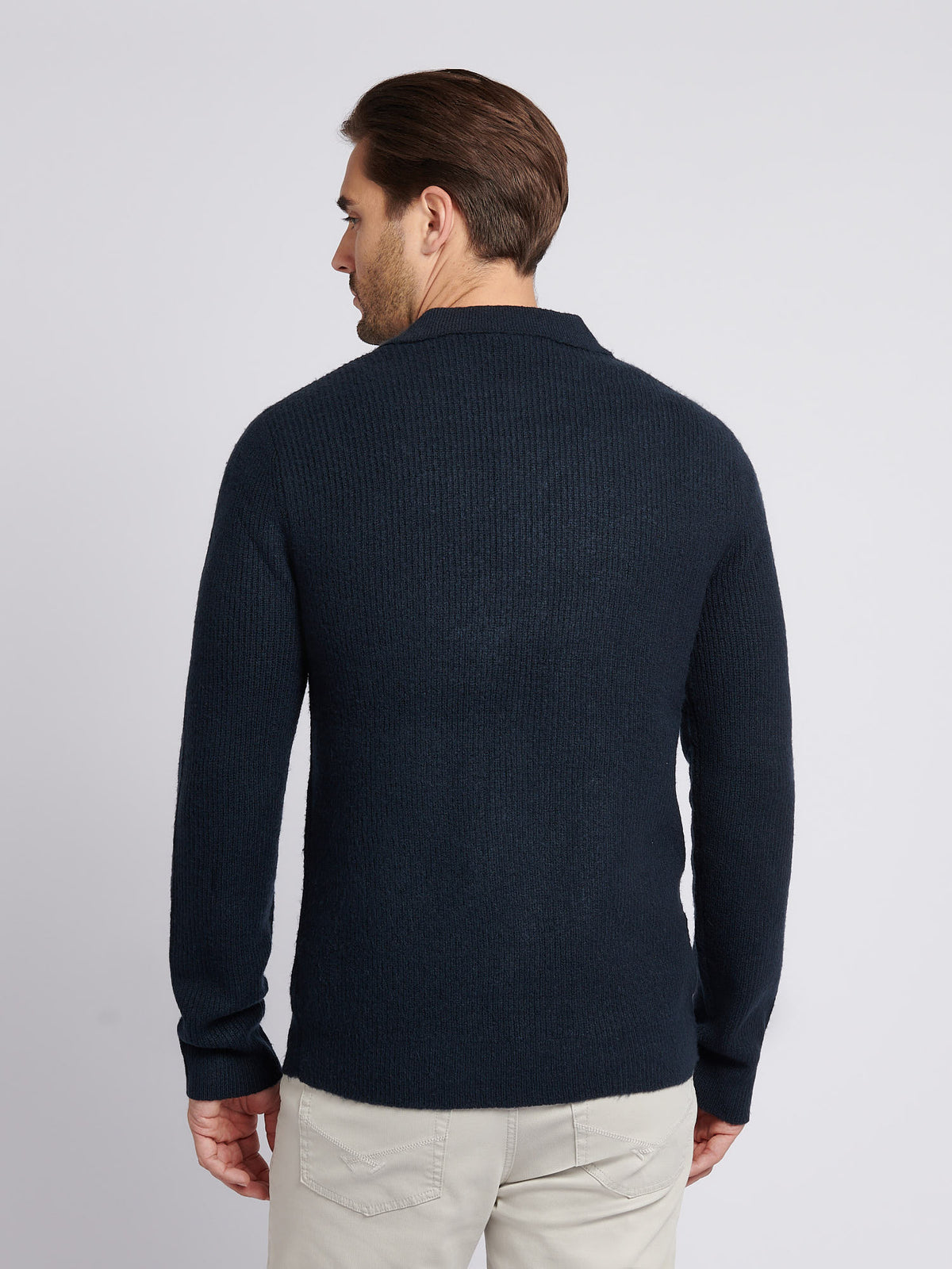 Mens Brushed Knit Long Sleeve Polo Shirt Dark Sapphire Navy