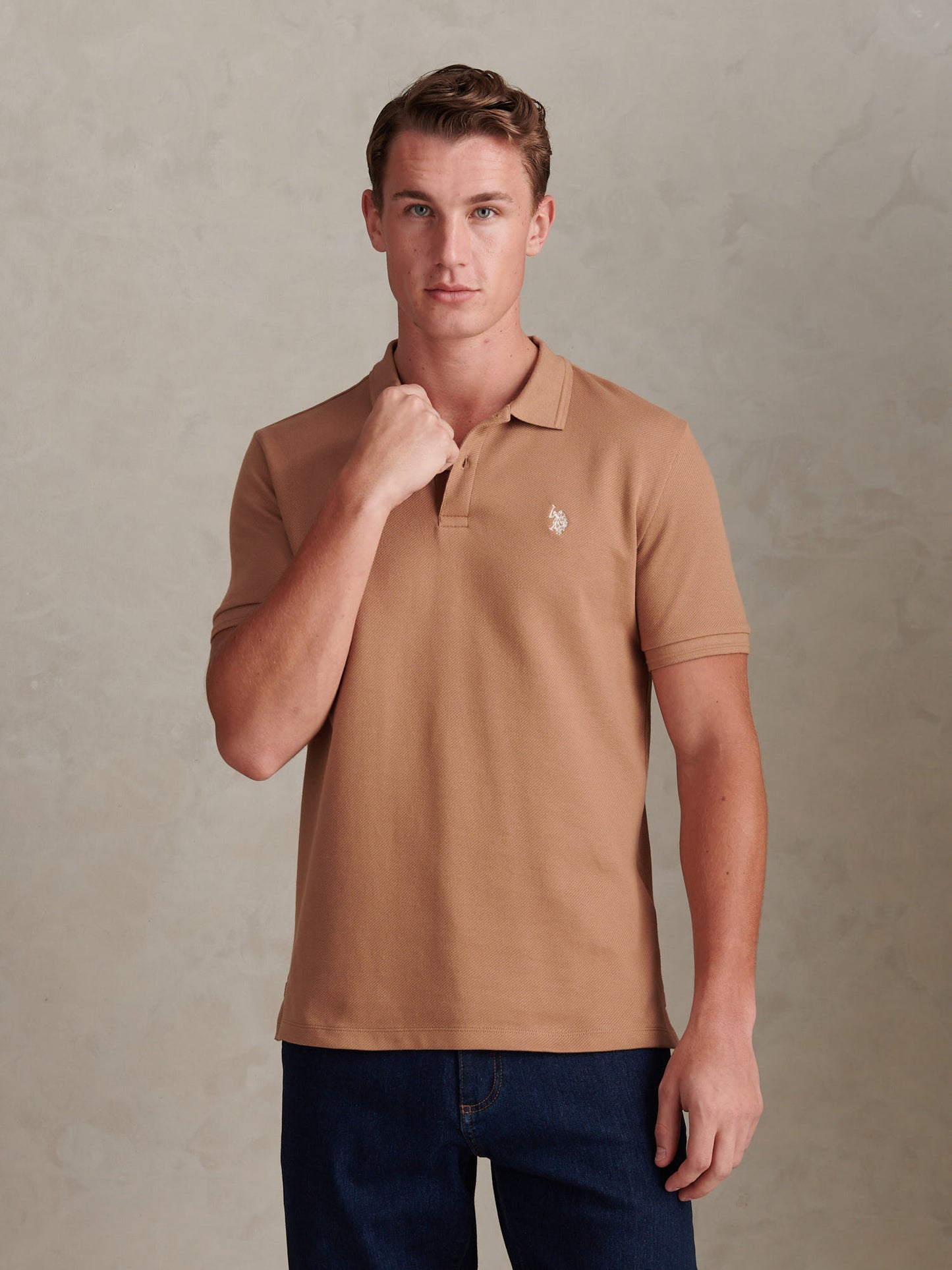 Mens Twill Texture Polo Shirt in Burro