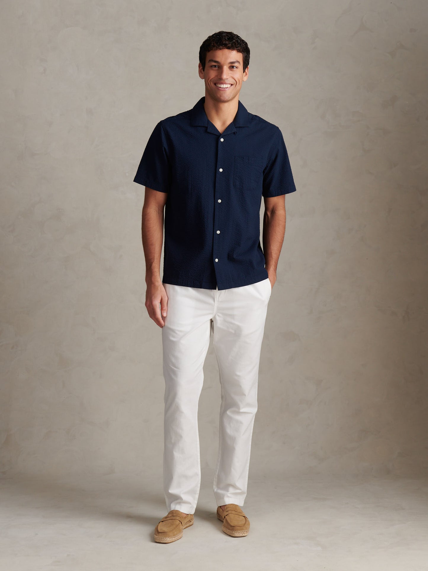 Mens Seersucker Revere Short Sleeve Shirt Dark Sapphire Navy