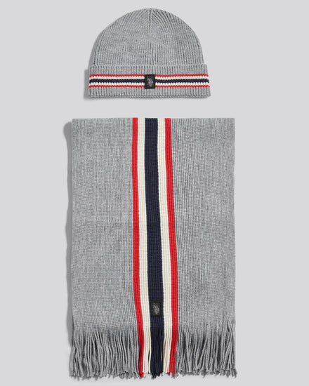 Mens Brand Stripe Beanie & Scarf Box Set in Mid Grey Marl