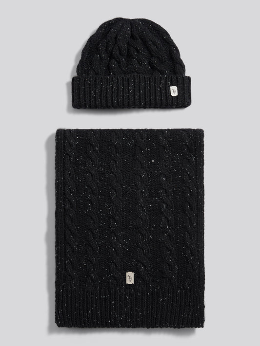 Mens Cable Knit Beanie & Scarf Box Set in Black